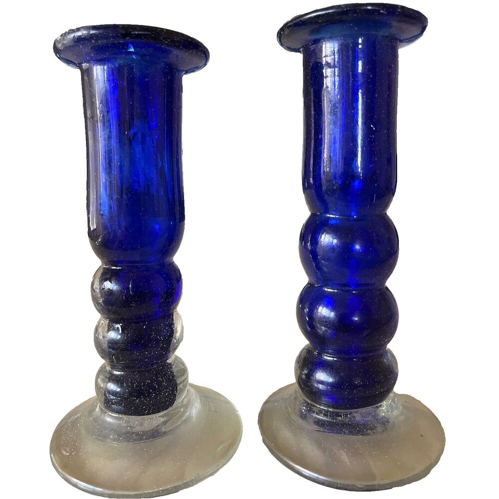 Cobalt Blue Glass Candlestick Holder Vintage Pair 2 Handblown Staircase Candle